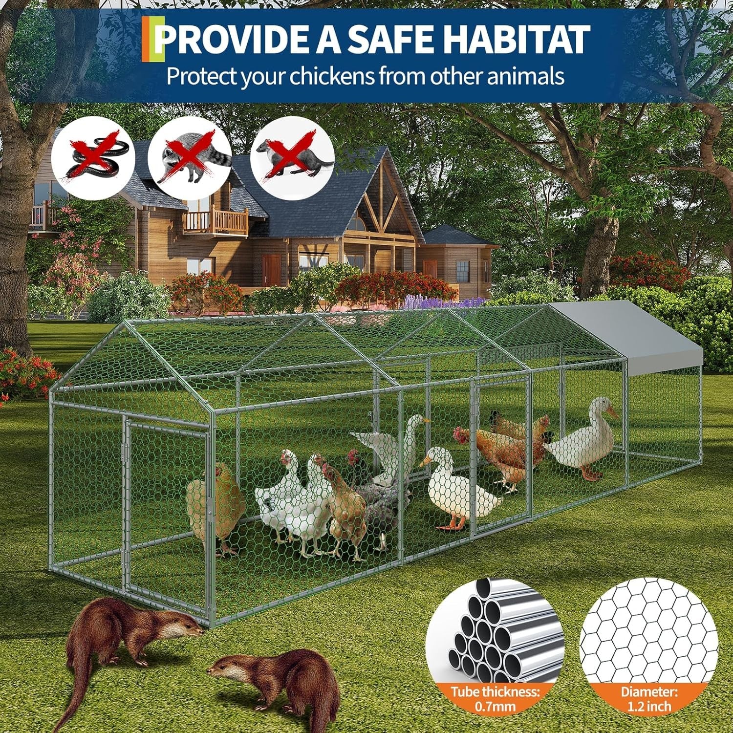 Metal Chicken Coop Walk In Chicken Run Outdoor Hen House Habitat Cage W/ Cover