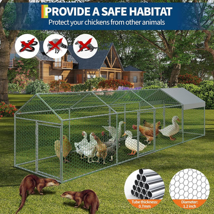 Metal Chicken Coop Walk In Chicken Run Outdoor Hen House Habitat Cage W/ Cover