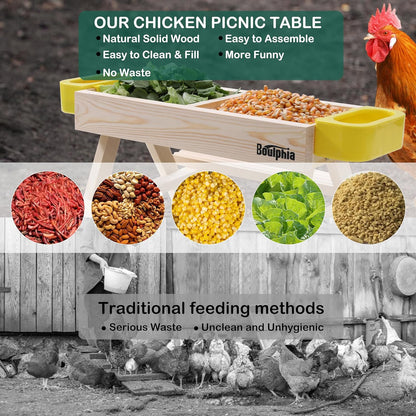 Chicken Feeders and Waterers, Chicken Feeder No Waste Kit with Picnic Table and 2 Water Feeder, Handmade Wooden Chicken Supplies & Accessories for Chicken Coop