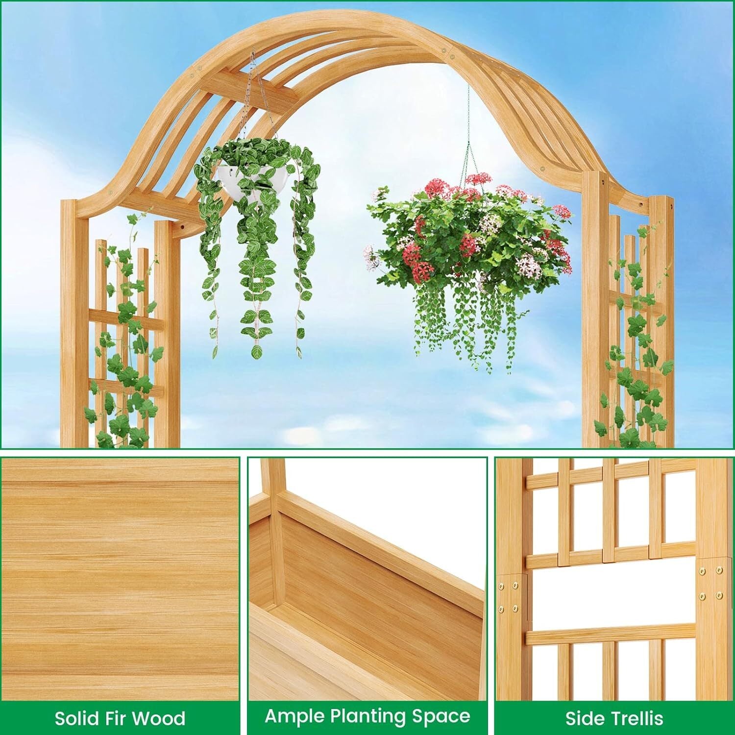 SLSY Raised Garden Bed with Trellis Wood Planter Box w/Hanging Roof Side Trellis