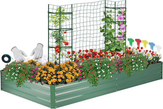 Galvanized Raised Garden Bed for Vegetables Flowers Herbs, Metal Raised Garden Bed Kit with 2 PCS Tomato Cage, Gloves, Trellis Netting, Plant Labels, Plant Ties, Green 6×3×1FT