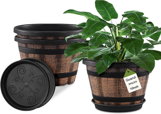 3 Pack 10 inch Plant Pots,Whiskey Barrel Planters with Drainage Holes & Saucer, Plastic Decoration Flower Pots Imitation Wine Barrel Design, for Indoor & Outdoor Garden Home Plants (Brown)
