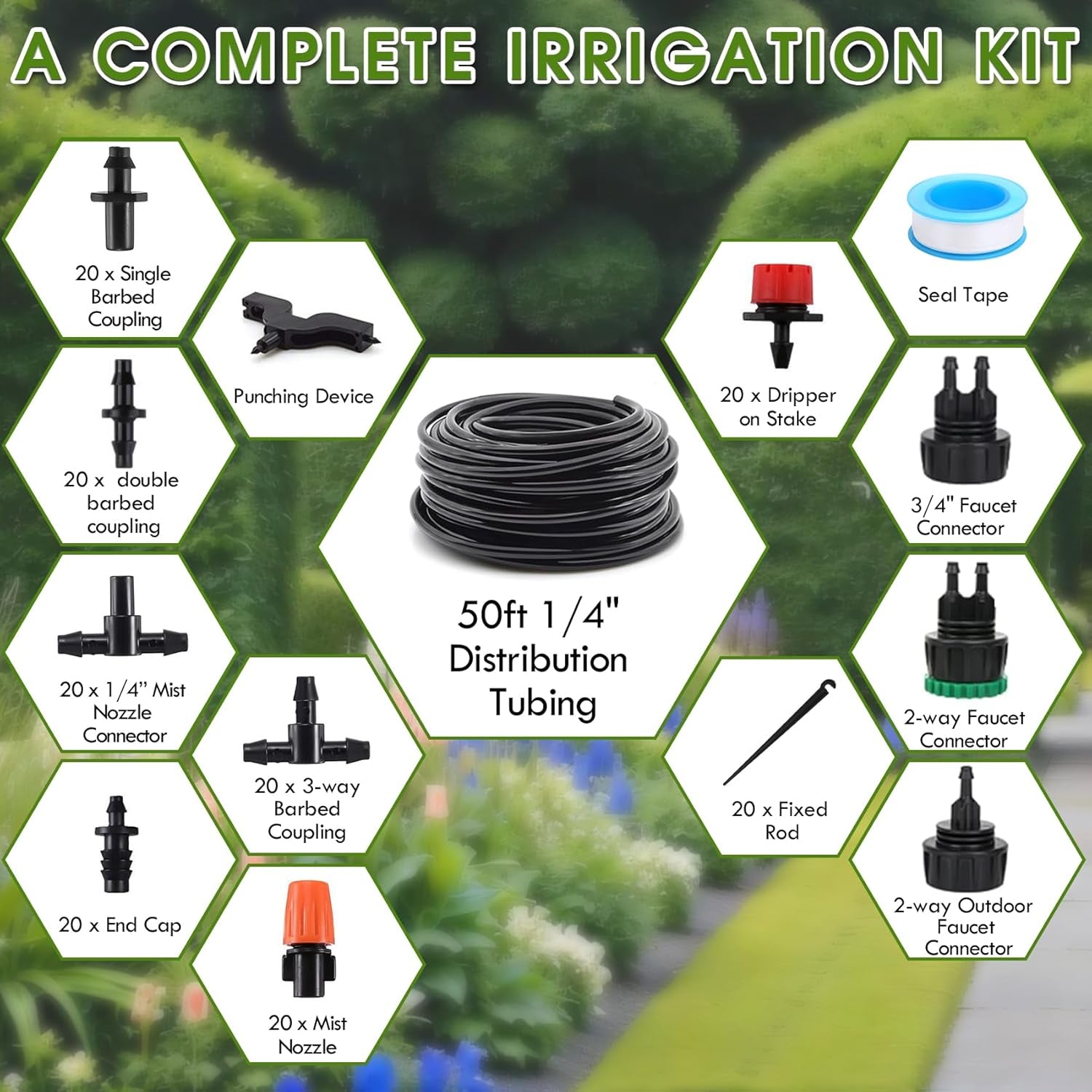 Drip Irrigation Kit, 50ft Irrigation System for Garden with 1/4" Irrigation Tubing DIY Saving Water Automatic Watering System for Garden, Greenhouse, Flower Bed, Patio, Lawn