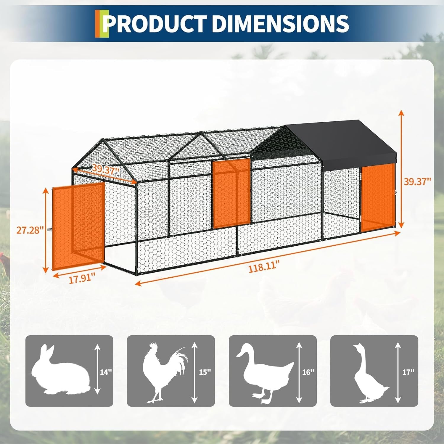 Metal Chicken Coop Walk In Chicken Run Outdoor Hen House Habitat Cage W/ Cover