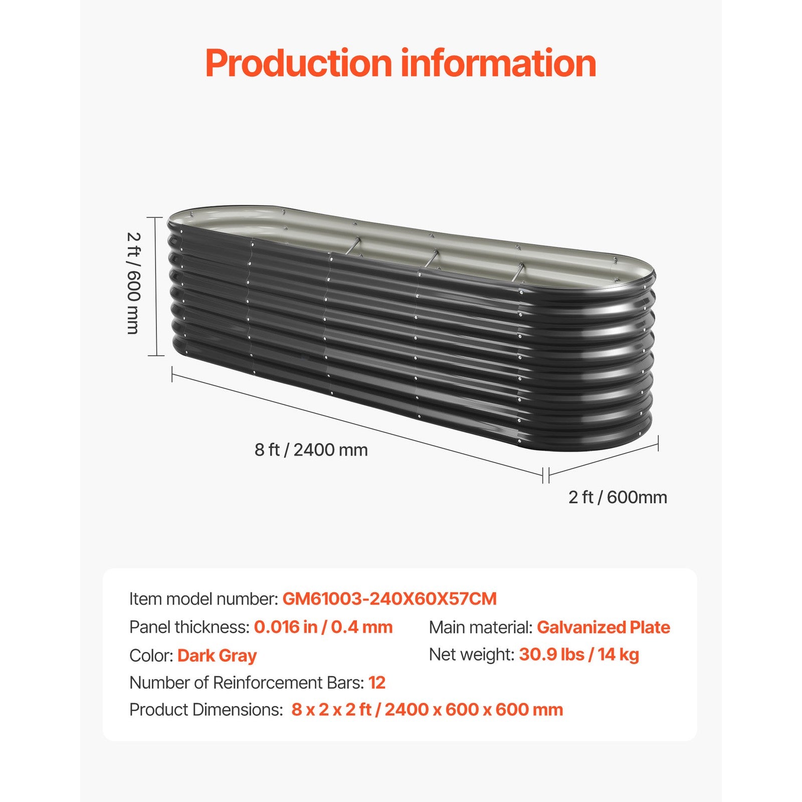 Uimoso Metal Raised Garden Bed Galvanized Planter Box 8x2x2 ft Dark Gray Outdoor