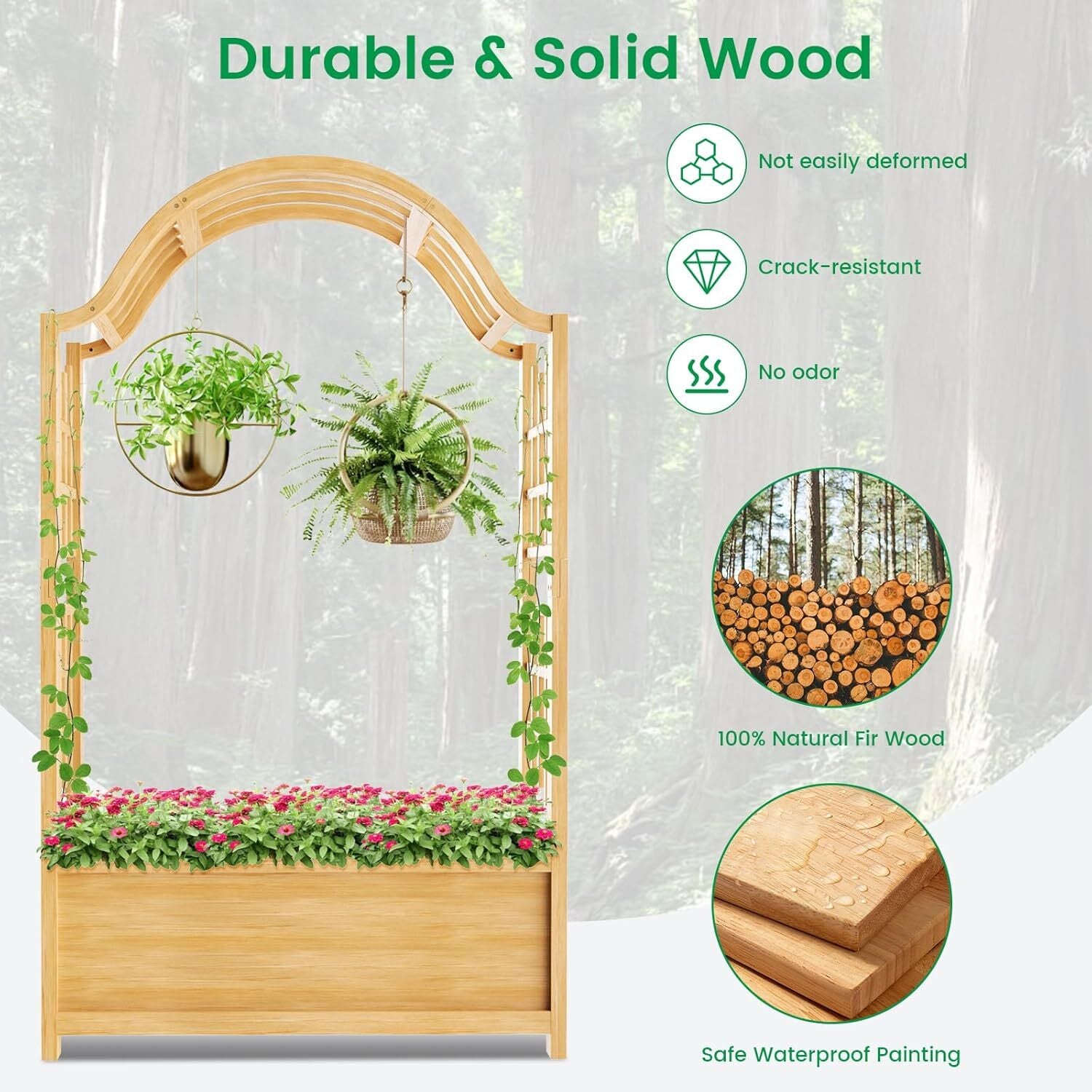 SLSY Raised Garden Bed with Trellis Wood Planter Box w/Hanging Roof Side Trellis