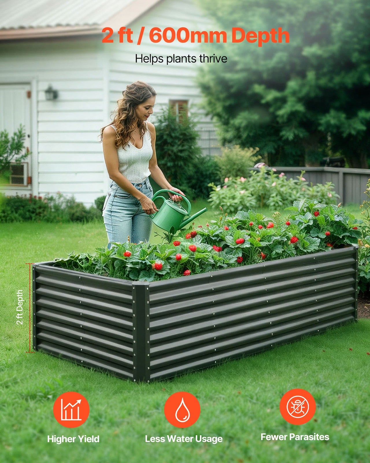 VEVOR Metal Raised Garden Bed Galvanized Planter Box 8x4x2 ft Outdoor Dark Gray