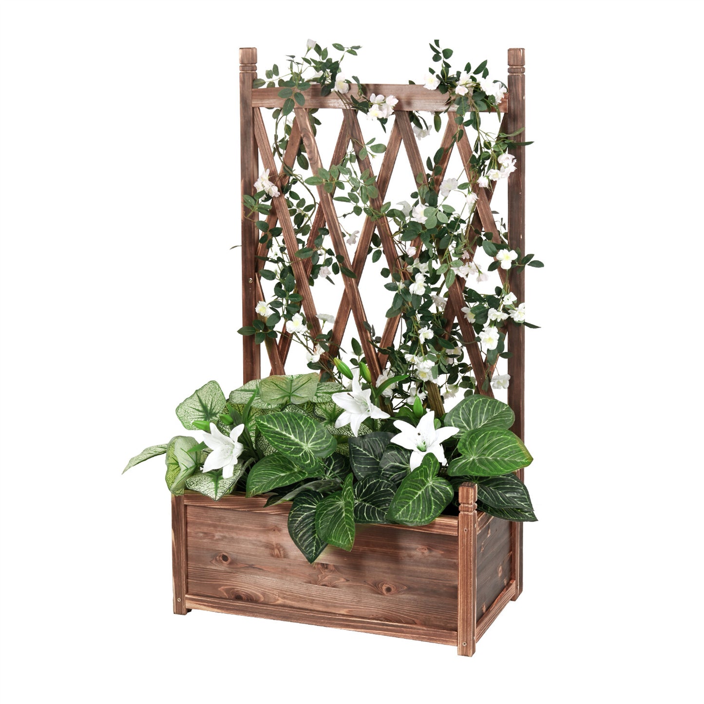 Rustic Wooden Raised Garden Bed Vegetable Planter Grid Box with Climbing Trellis