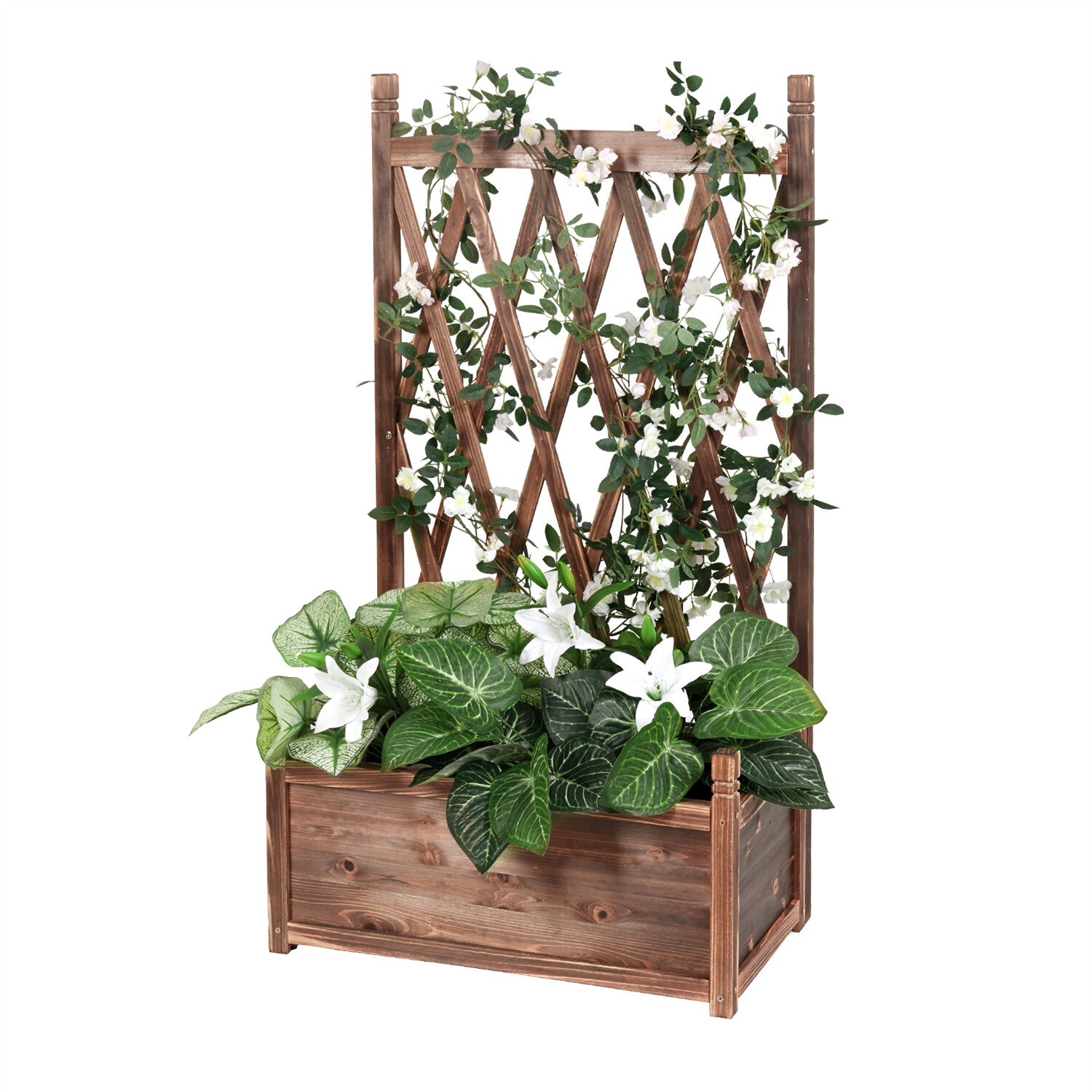 Rustic Wooden Raised Garden Bed Vegetable Planter Grid Box with Climbing Trellis