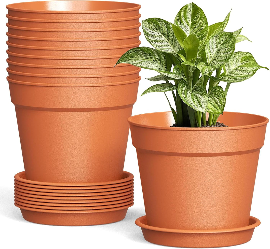 10 Pack 6 Inch Plant Pots with Drainage and Saucers, Plastic Flower Pots for Indoor and Outdoor Plants, Stackable Nursery Planters for Houseplants and Herbs, Terracotta
