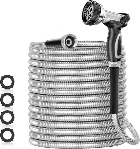 50ft 304 Stainless Steel Garden Hose Metal, Heavy Duty Water Pipe with Nozzles for Yard, Outdoor - Flexible, Never Kink & Tangle, Puncture Resistant (Sliver)