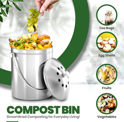 Compost Bin for Kitchen Countertop, 1.3 Gallon Compost Bucket for Kitchen with Lid, Includes 1 Spare Charcoal Filter, Home Essentials - (Silver)