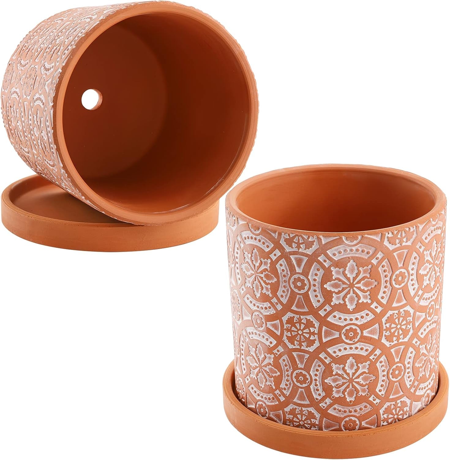 2 Pack Terracotta Plant Pot, 5'' Red Clay Planter Pot with Boho Flower Pattern, Ceramic Cactus Flower Planter Succulent Pot with Drainage Hole and Saucer for Indoor Outdoor Plant