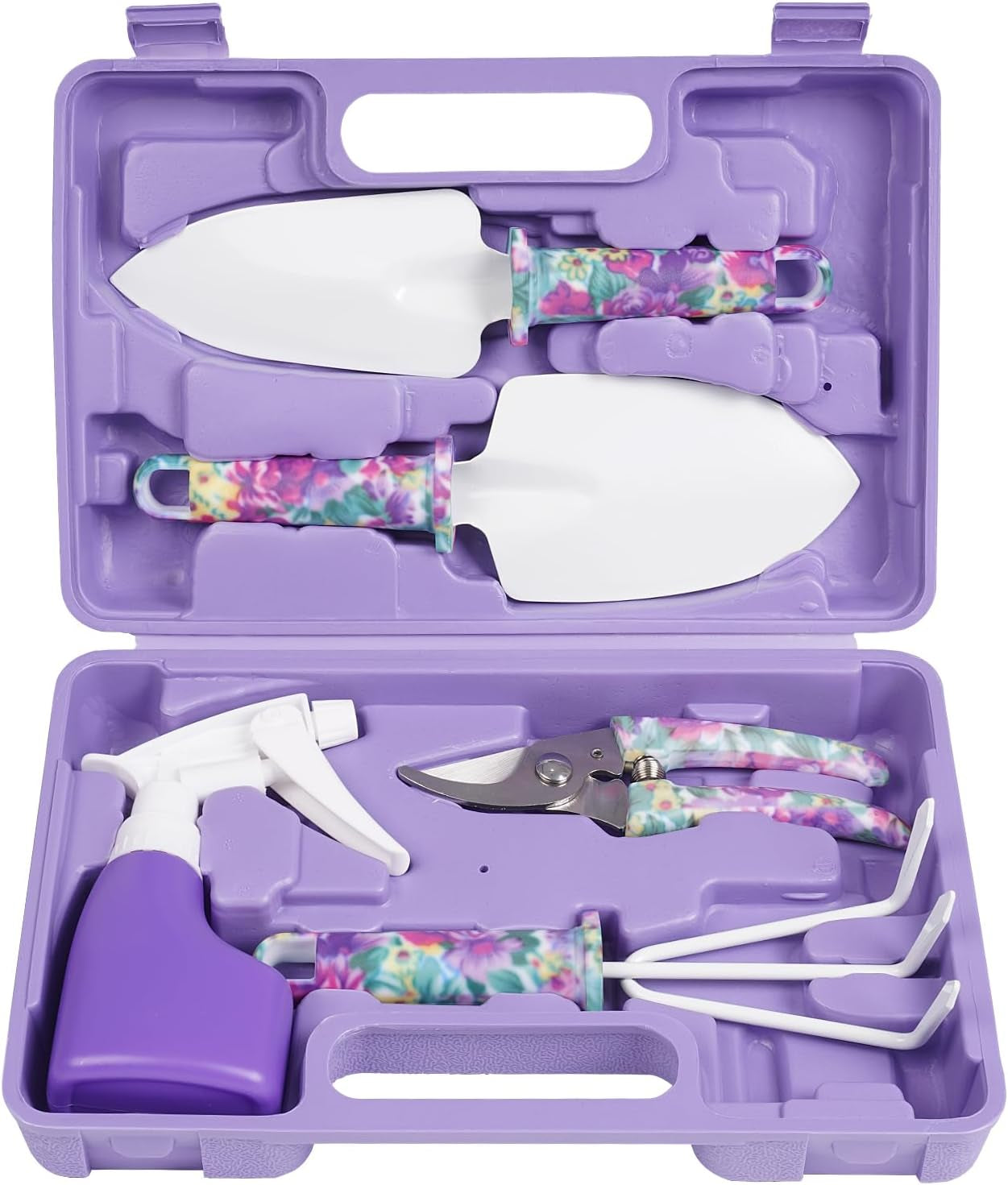 Gardening Tools,5 Pieces Garden Tools with Floral Print, Ergonomic Handle Trowel Rake Weeder Pruner Shears Sprayer,Gardening Supplies with Carrying Case Gifts for Women