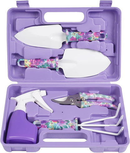 Gardening Tools,5 Pieces Garden Tools with Floral Print, Ergonomic Handle Trowel Rake Weeder Pruner Shears Sprayer,Gardening Supplies with Carrying Case Gifts for Women