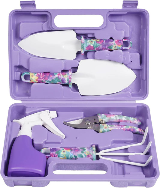 Gardening Tools,5 Pieces Garden Tools with Floral Print, Ergonomic Handle Trowel Rake Weeder Pruner Shears Sprayer,Gardening Supplies with Carrying Case Gifts for Women
