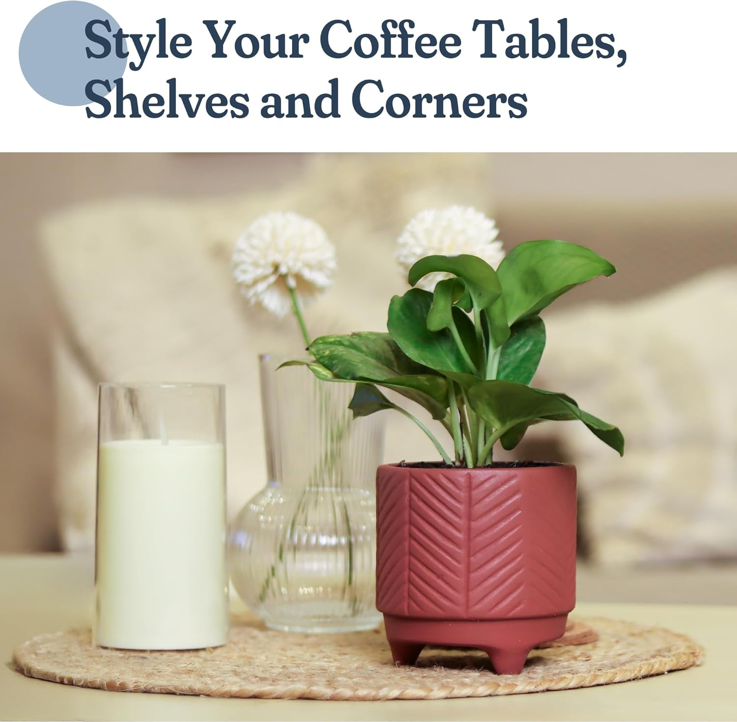 FINE Living 4 Inch Terracotta Pot with Chevron Pattern, Boho Ceramic Planter Clay Pots for Indoor Plants, Succulent Planter with Drainage Hole and Mesh Net, Garden & Home Decor