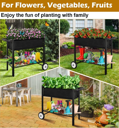 Outdoor Raised Planter Bed Box with Legs for Gardening, Elevated DIY Garden Cart on Wheels for Vegetables Flower Tomato Herb Plant, Black