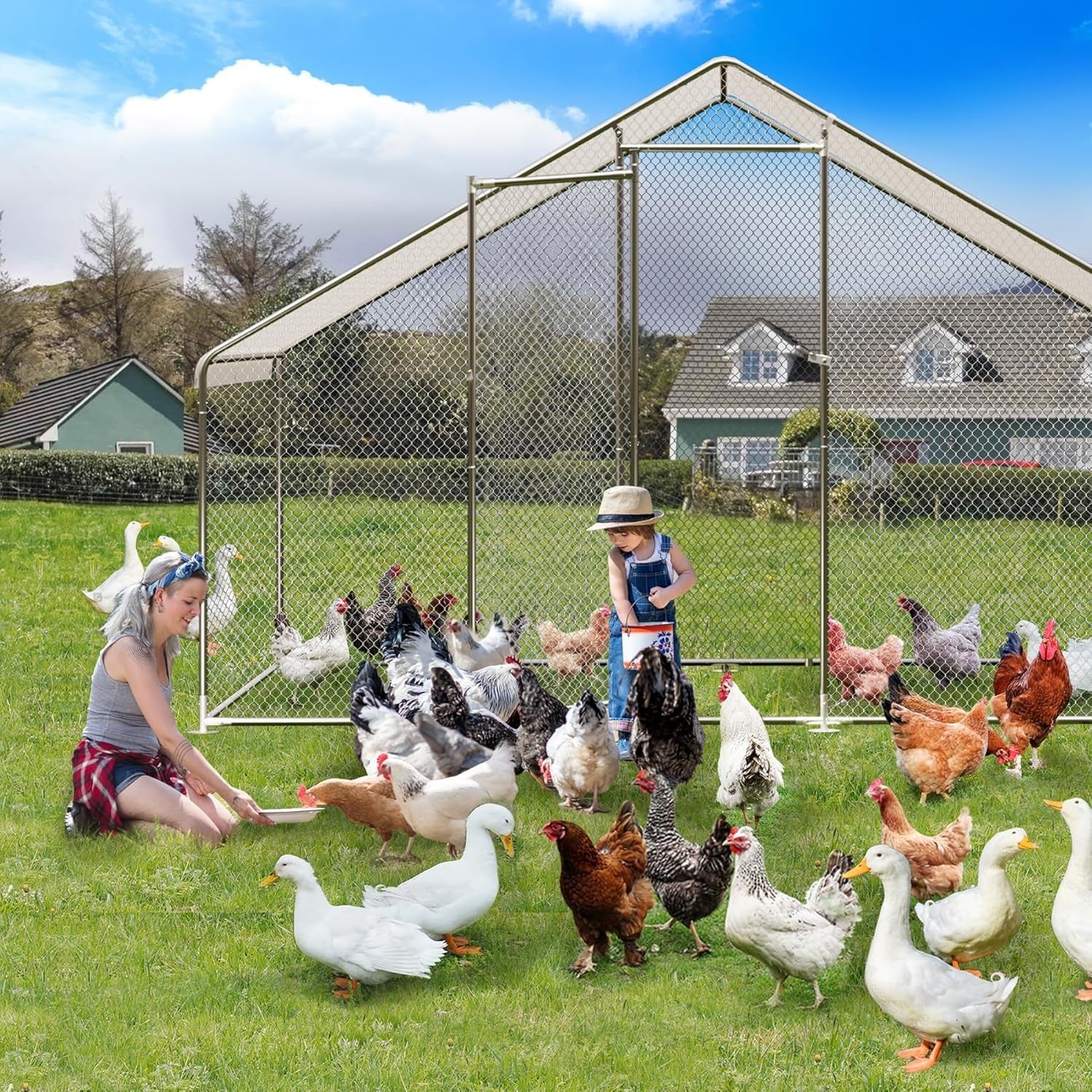 Metal Chicken Coop 6.5/13/20 FT Large Walk-in Hen Cage House with Cover Roof NEW