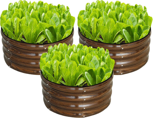 3 Pcs 2x2x1ft Round Galvanized Raised Garden Bed Kit Outdoor, Metal Planter Box for Planting Plants Vegetables, Brown