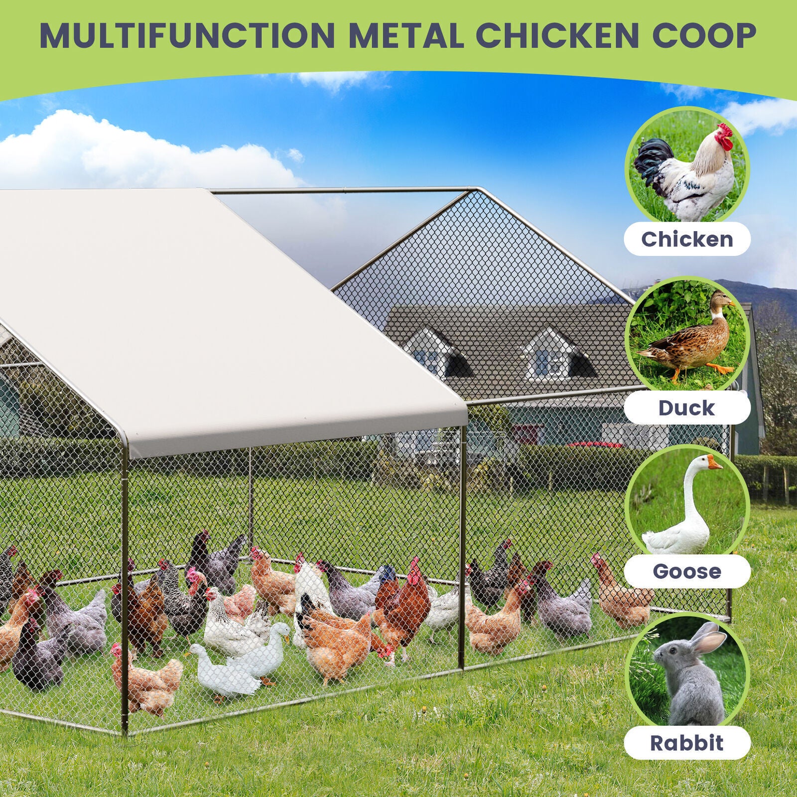 20FTx10FT Walk-in Chicken Coop Poultry Cage Hutches Pet House Chicken Run Cover