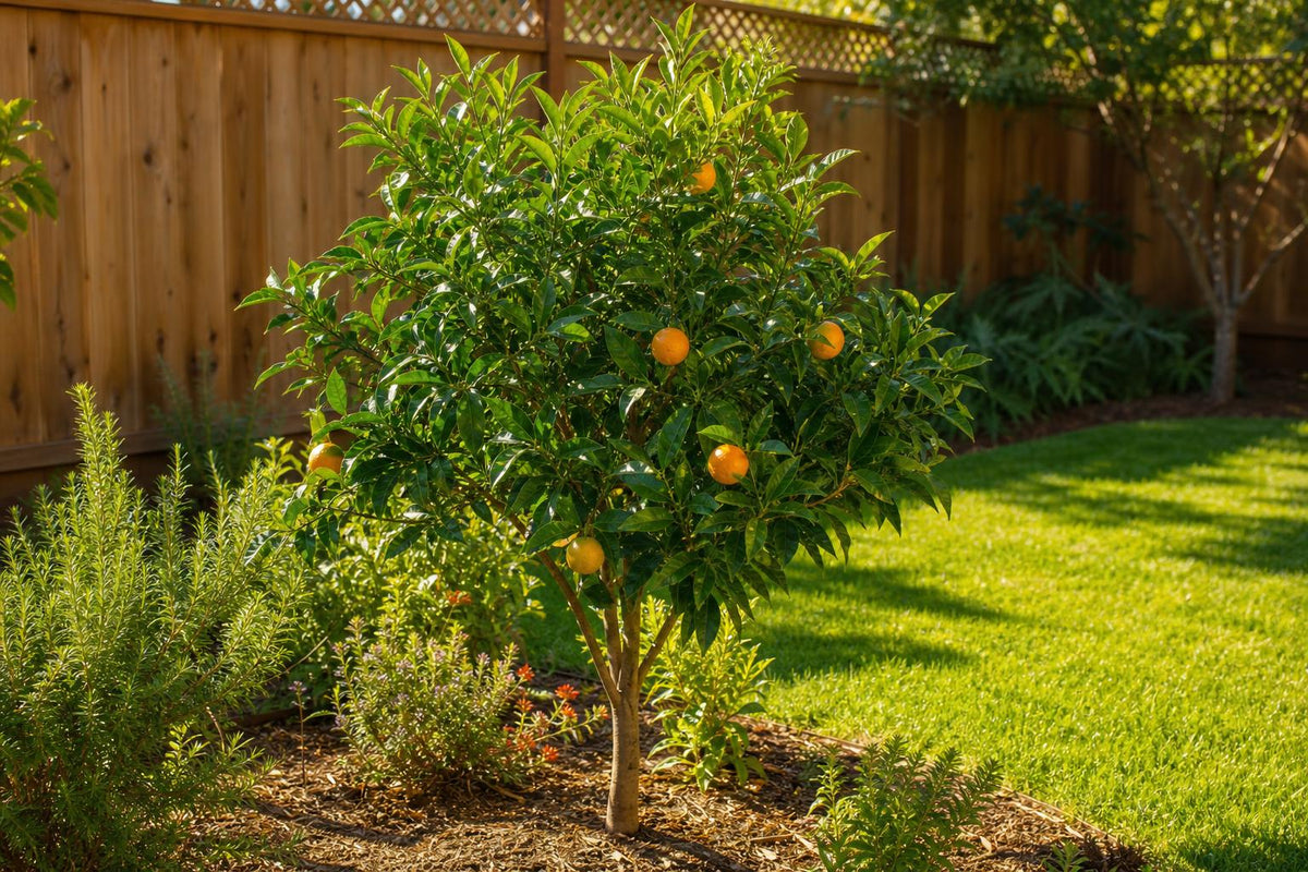 Young orange tree with small oranges growing in a sunny backyard
