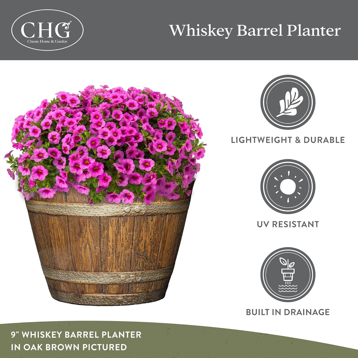 Whiskey Barrel Planter, 20.5", Walnut Brown
