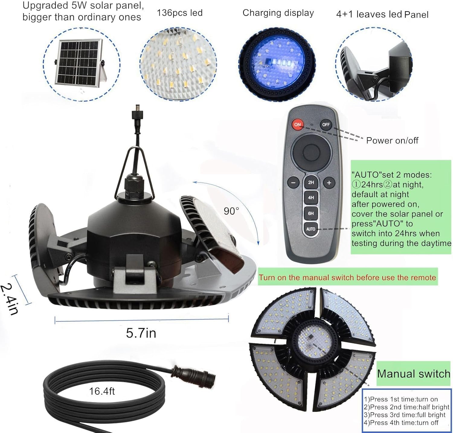 Solar Shed Light-Daytime or Night,4+1 Leaves 136Leds Brighter Solar Light Indoor&Outdoor with Remote,IP65 Barn/Chicken Coop/Workshop/Ceiling/Pendant Lamp for Patio,Garden,Yard,Gazebo