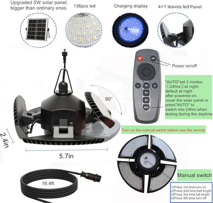 Solar Shed Light-Daytime or Night,4+1 Leaves 136Leds Brighter Solar Light Indoor&Outdoor with Remote,IP65 Barn/Chicken Coop/Workshop/Ceiling/Pendant Lamp for Patio,Garden,Yard,Gazebo