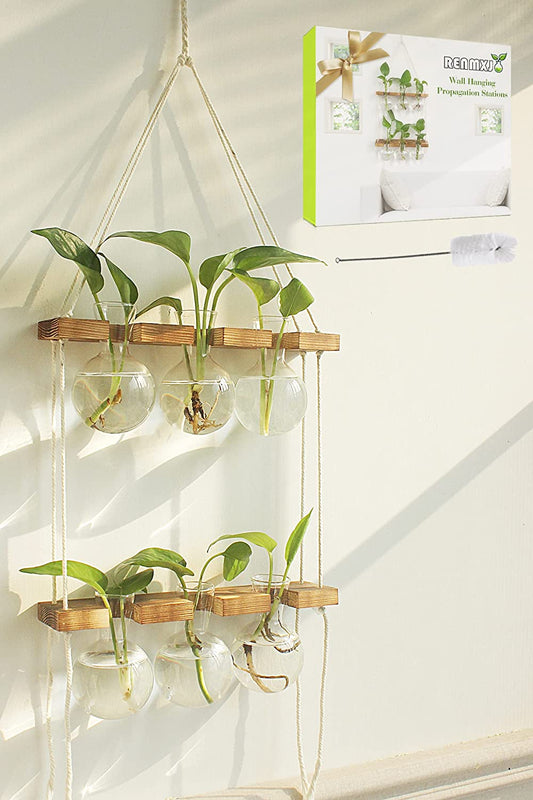 Plant Propagation Station Wall Hanging, Plant Terrarium with 2 Tiered Wooden Stand for Hydroponics Plants, Unique Gardening Gifts for Women Mom Plant Lovers - 6 Bulb Glass Vases