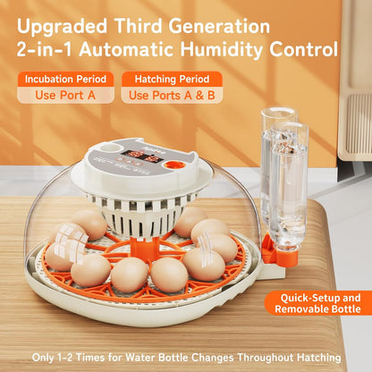 Egg Incubator with Temperature and Humidity Control, Automatic Egg Turner, Egg Candler, External Water Bottle Refill, Air Vent, 360° Clear View, Hatching Chicken Duck Quail Bird,  HatchPro 12