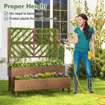 Raised Garden Bed with Trellis & 2 Planter Boxes, 2-Tier Outdoor Wooden Elevated Planter Box with Legs & Drainage Holes, Gardening Planters for Flowers, Herbs, Vegetables & Fruits(Brown)