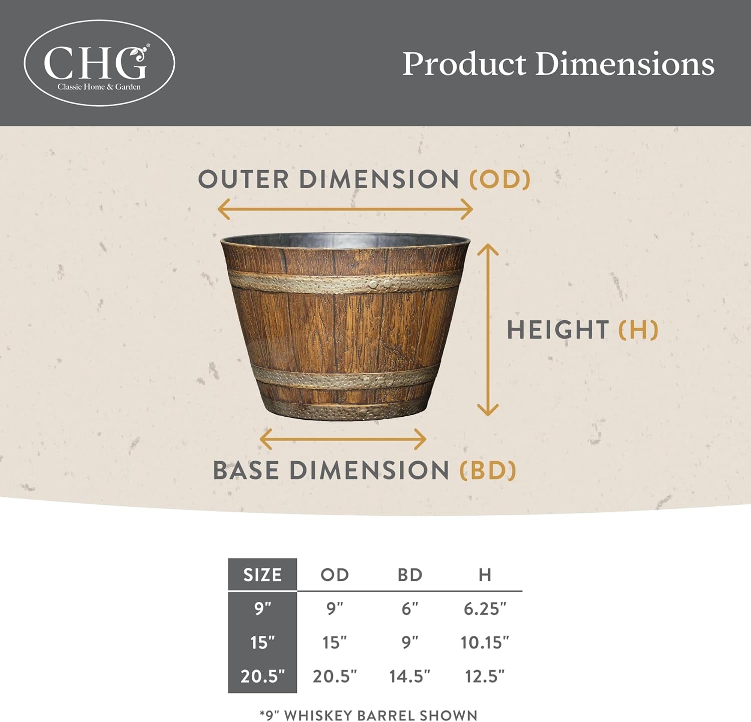 Whiskey Barrel Planter, 20.5", Walnut Brown