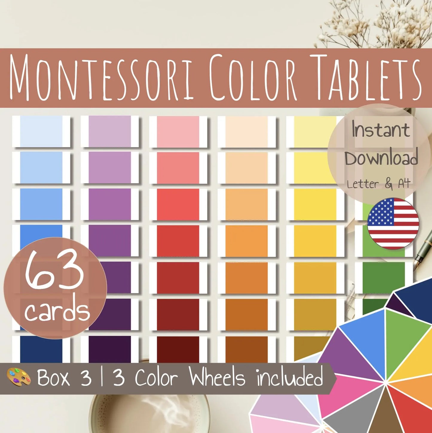 Montessori Color Tablets Box 3 | 63 Cards + 3 Wheels | Printable Visual Discrimination Activity | Color activity | PDF Sensorial Material