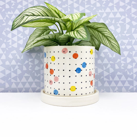 Colored Multi Dot Ceramic Planter-medium with drainage tray
