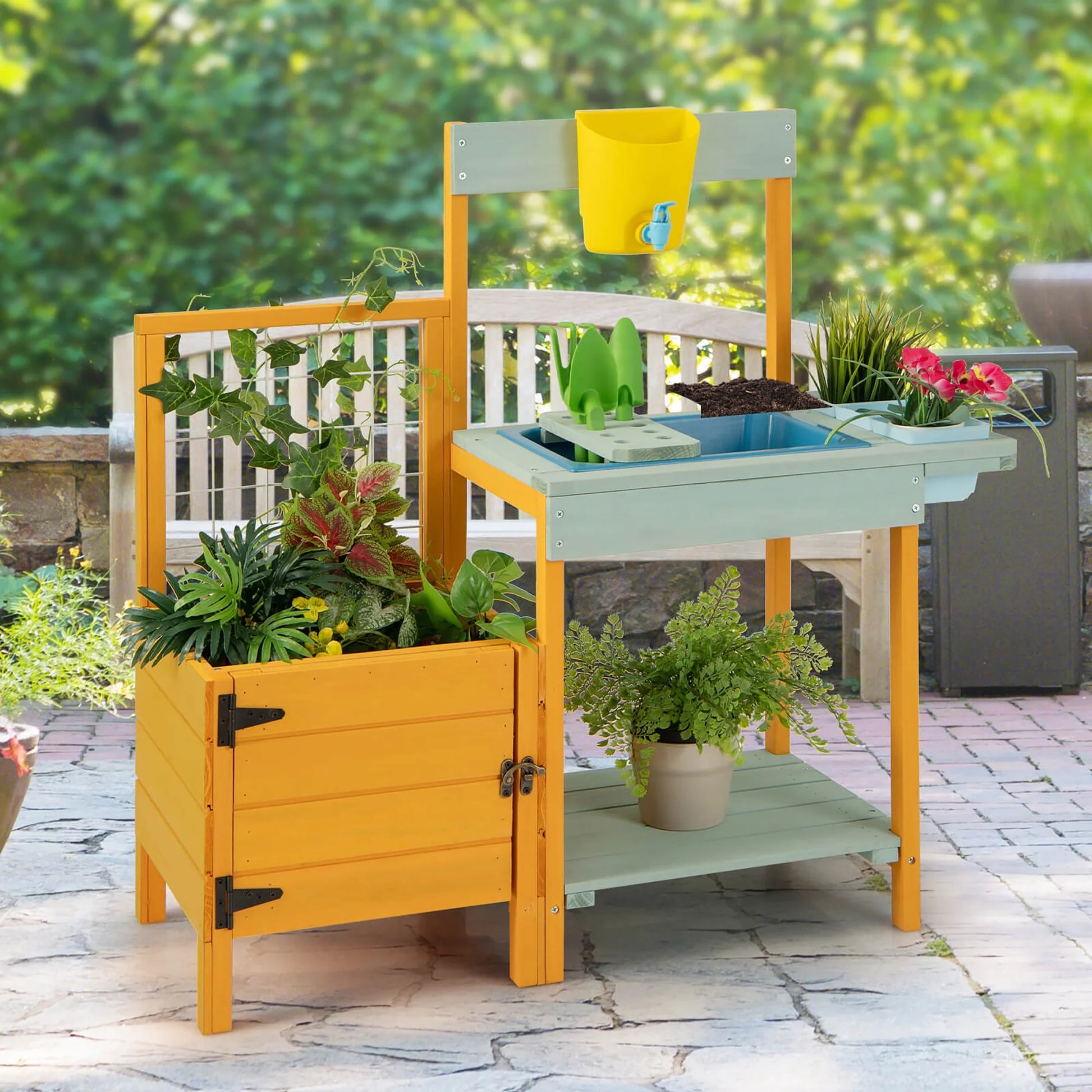 Wooden Potting Bench for Kids w/ See-Through Window Planter Box Garden Trellis
