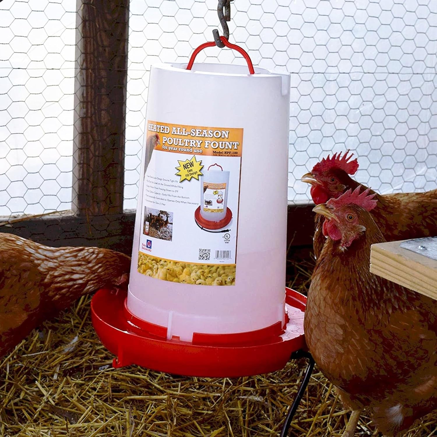 Heated Chicken Waterer, Hanging Poultry Water Fountain, 3 Gallon, Red - Plastic Water Dispenser with Heater for Chicks, Chickens, and Livestock