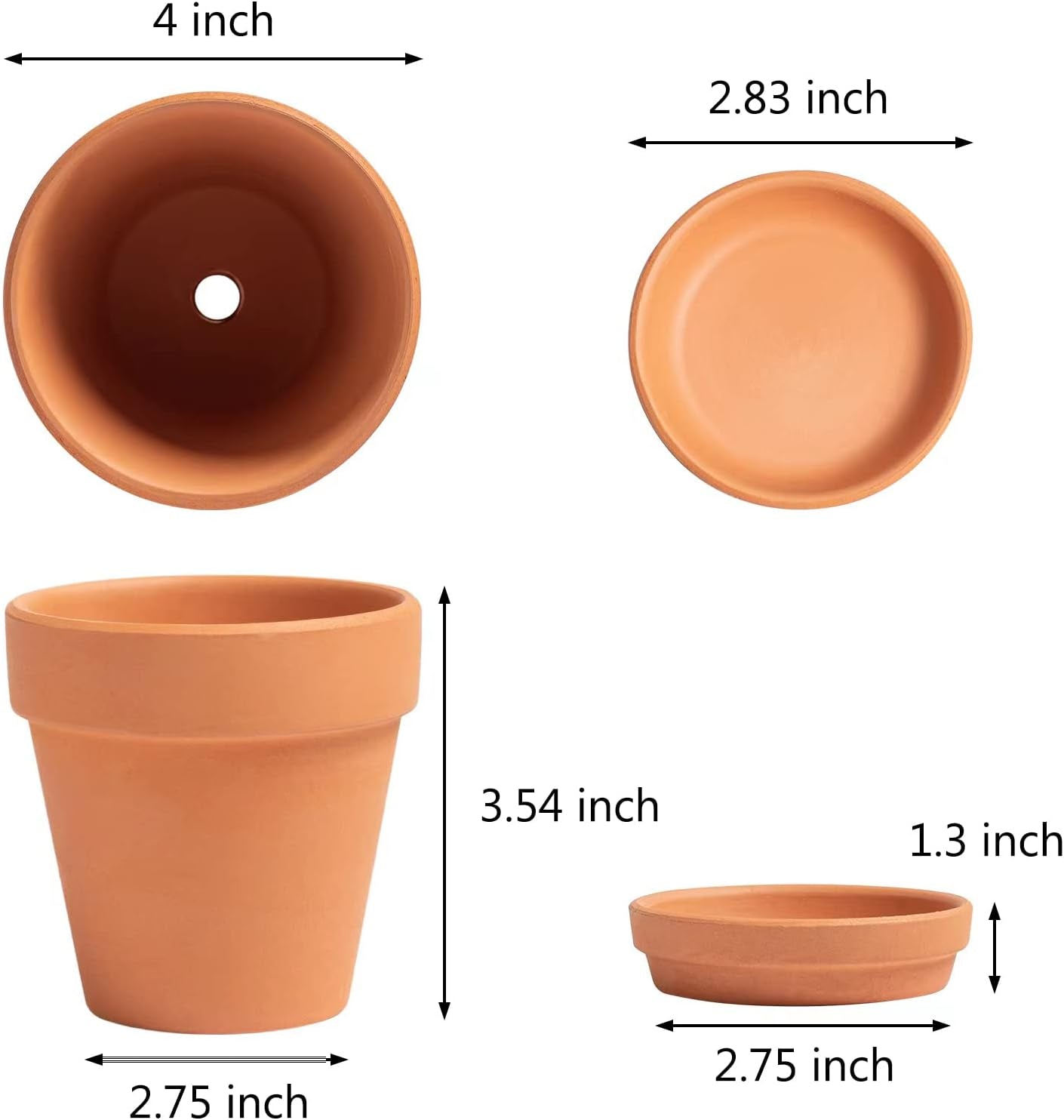 Terracotta Pots - 4 inch, Pack of 12 Small Clay Pots with Drainage Holes and Saucers for Succulents, Cactus, Indoor, Outdoor