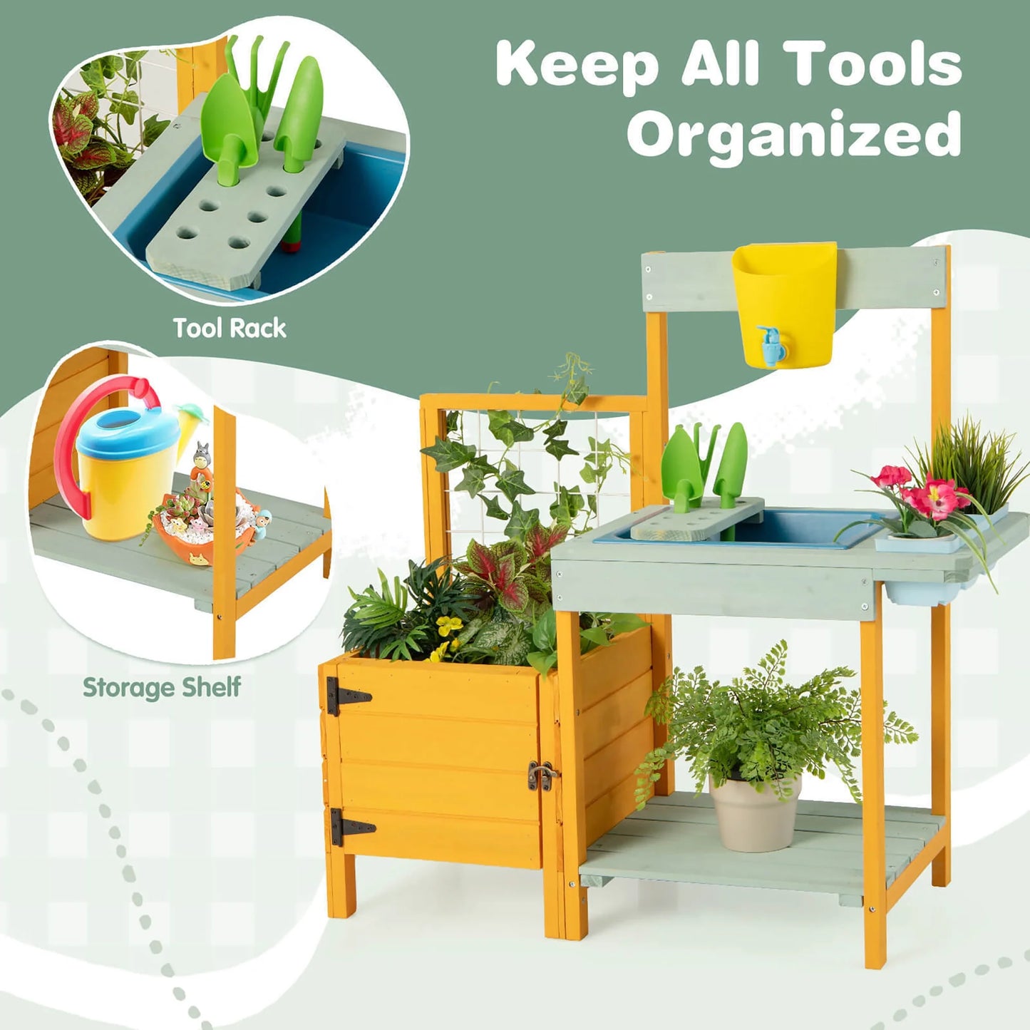 Wooden Potting Bench for Kids w/ See-Through Window Planter Box Garden Trellis