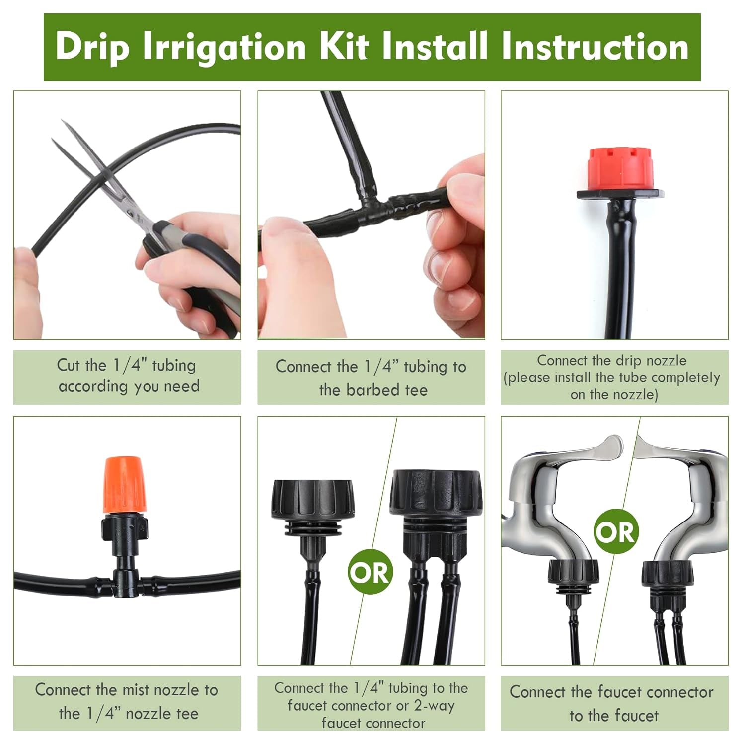 Drip Irrigation Kit, 50ft Irrigation System for Garden with 1/4" Irrigation Tubing DIY Saving Water Automatic Watering System for Garden, Greenhouse, Flower Bed, Patio, Lawn