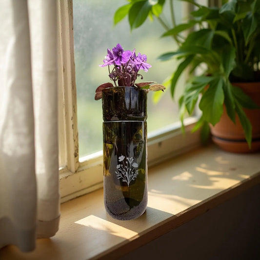 Etched African Violet Wine Bottle Hydro Planter (1) One - (Self Watering) Eco Friendly, Grow Indoors, Eco Planter, DIY Planter Kit