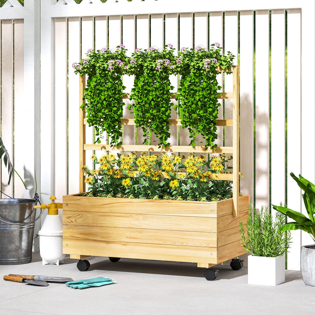 Wood Planter with Trellis and Wheels Raised Planter Box, Natural