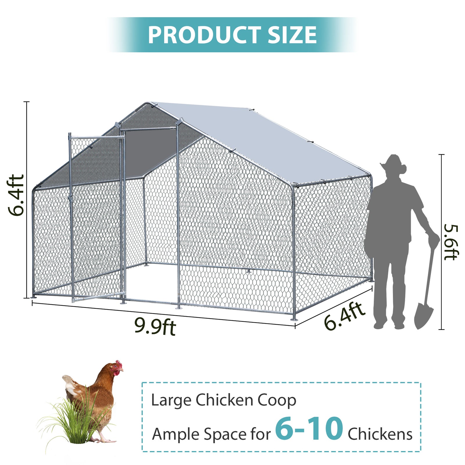 10x6FT Metal Chicken Coop Walk-in Poultry Cage Chicken Runs with Roof Cover Yard