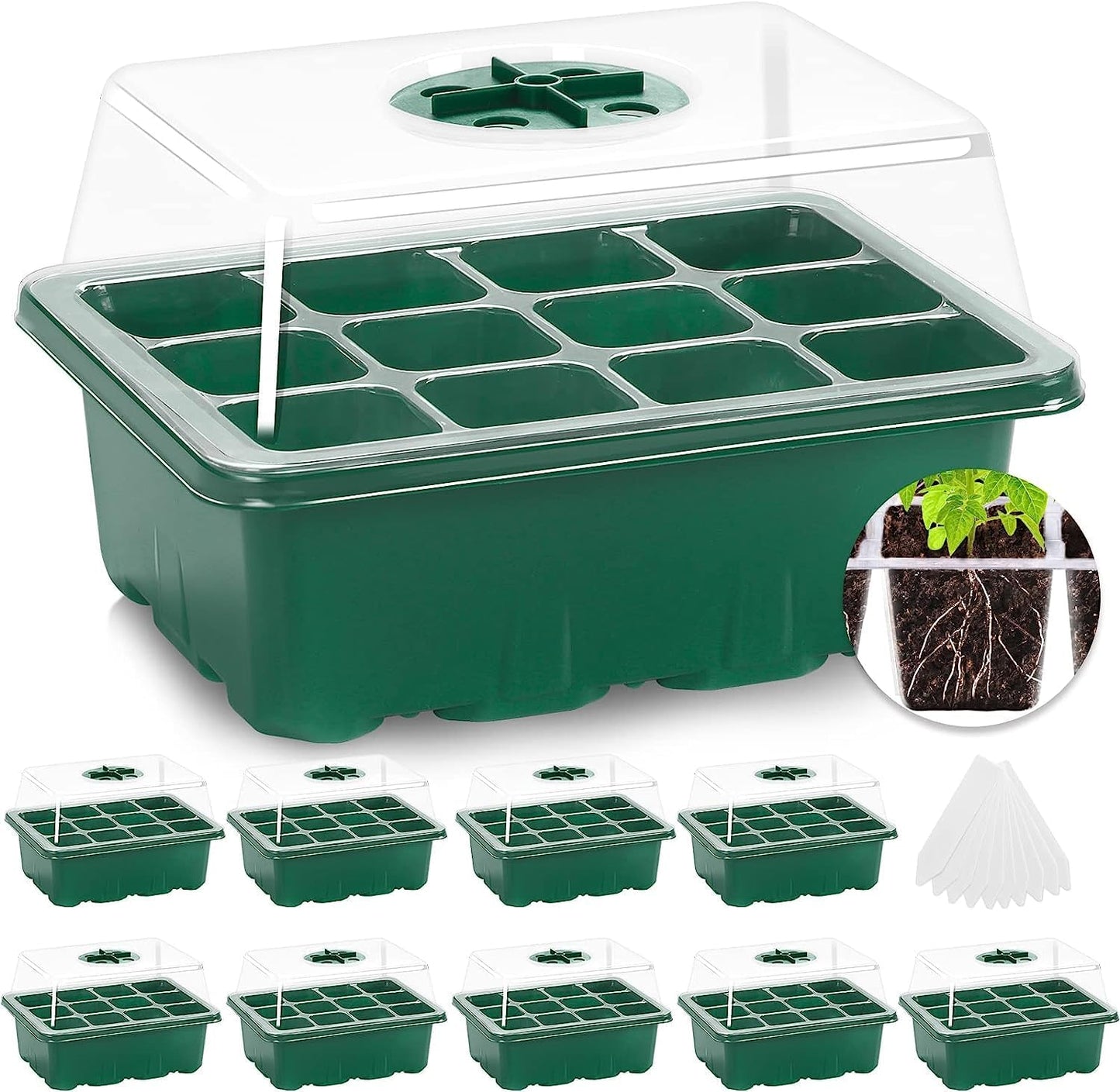 10 Packs Seed Starter Tray Seed Starter Kit with Humidity Dome (120 Cells Total Tray) Seed Starting Trays Plant Starter Kit and Base Mini Greenhouse Germination Kit for Seeds Growing Starting