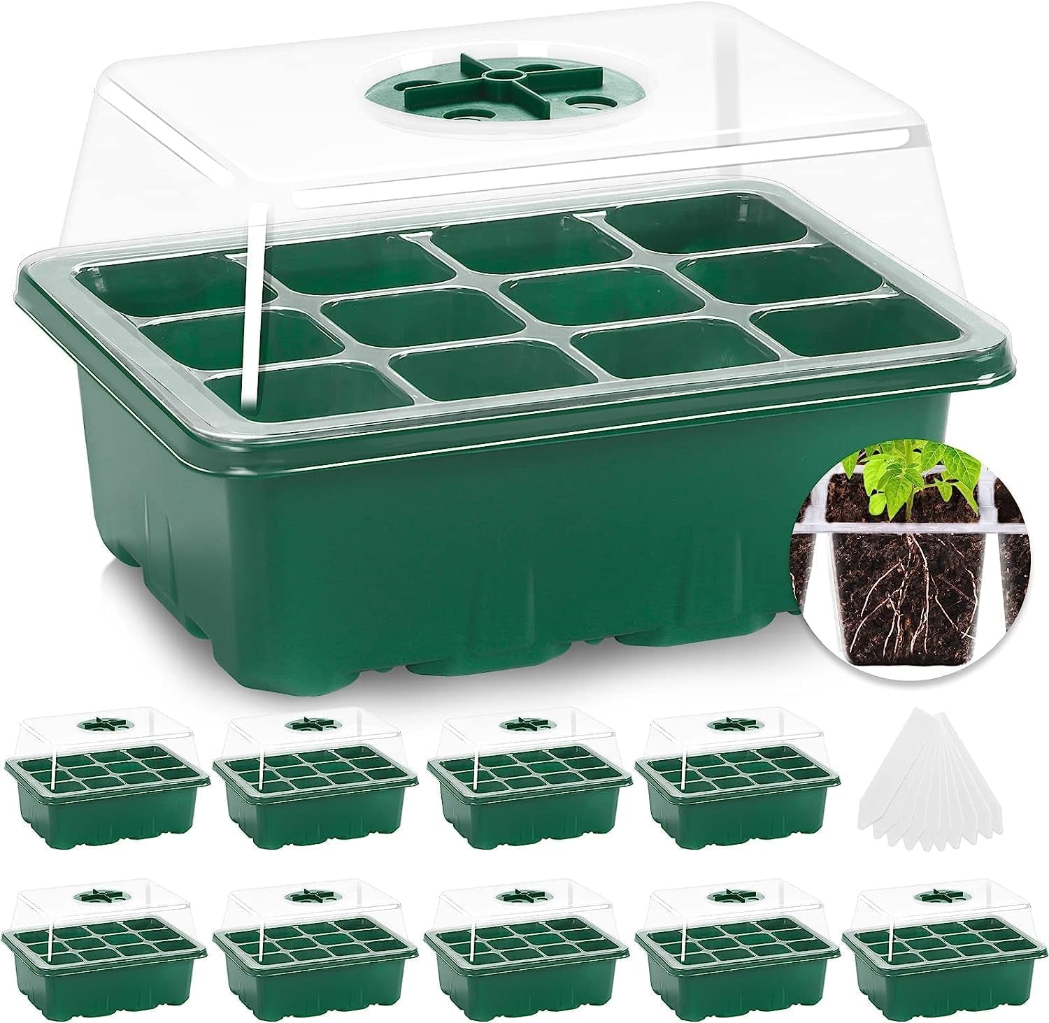 10 Packs Seed Starter Tray Seed Starter Kit with Humidity Dome (120 Cells Total Tray) Seed Starting Trays Plant Starter Kit and Base Mini Greenhouse Germination Kit for Seeds Growing Starting