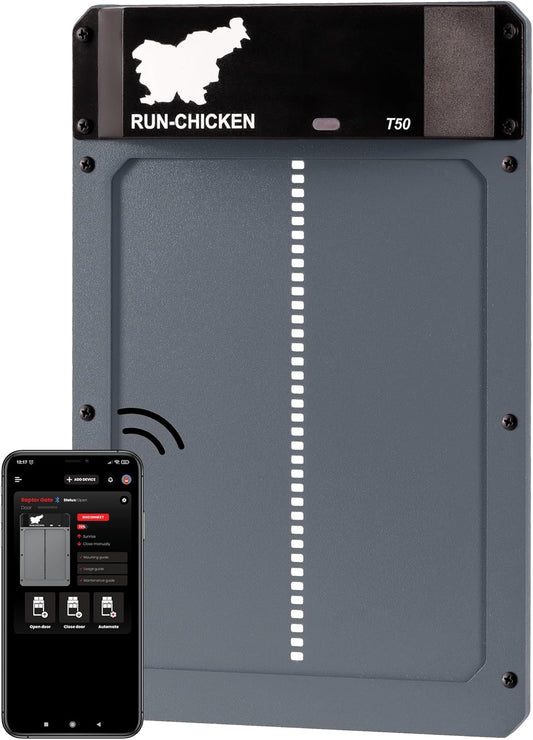 Door Automatic Chicken Coop Door Opener with Timer, Programmable Light Sensor, Battery Powered, Evening and Morning Delay, Aluminum , Model T50, (Gray)