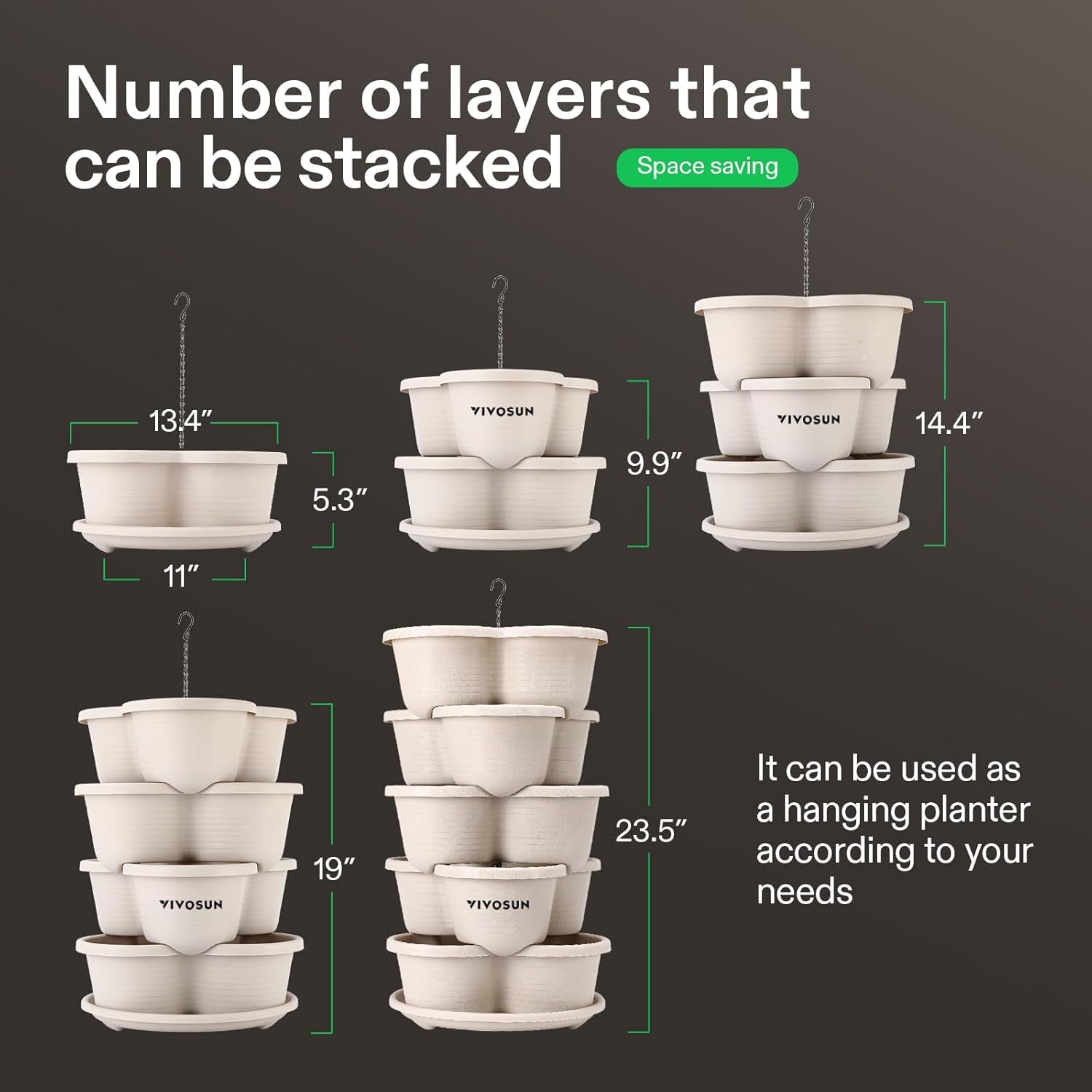 2-Pack 5 Tier Vertical Gardening Stackable Planter for Strawberries, Flowers, Herbs, Vegetables, Ivory