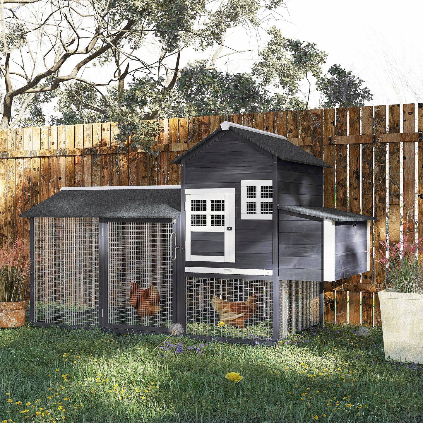 PawHut 84'' Chicken Coop Deluxe Wooden House Hen Backyard Poultry Hutch Run Box