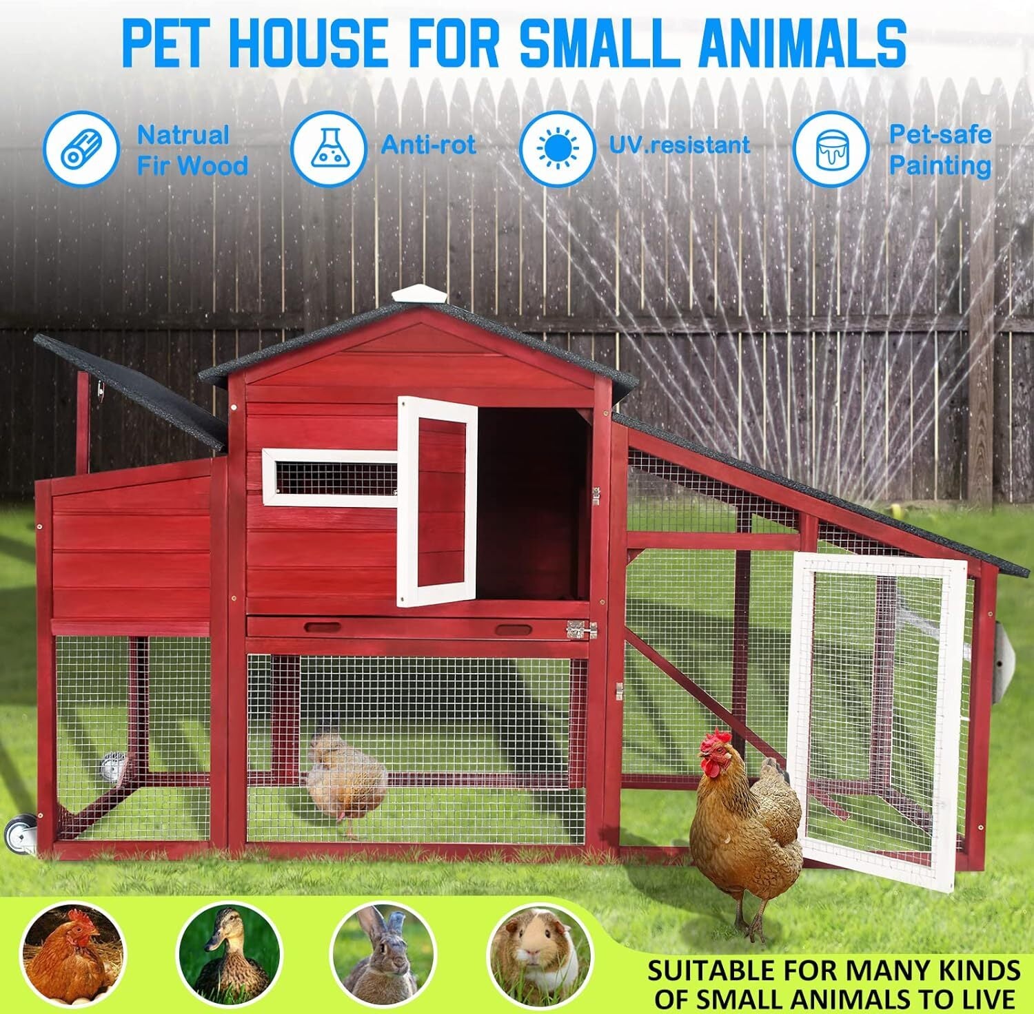 PetsCosset Chicken Coop Wooden Backyard Hen House with Run Nesting Box & Trays