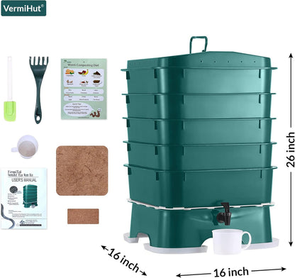 The Original  ® Plus 5 – Tray Worm Composter -Dark Green,Sustainable Design for Both Indoor & Outdoor, Worm Compost Bin for Vermicomposting Starter, Recycling Food Wastes